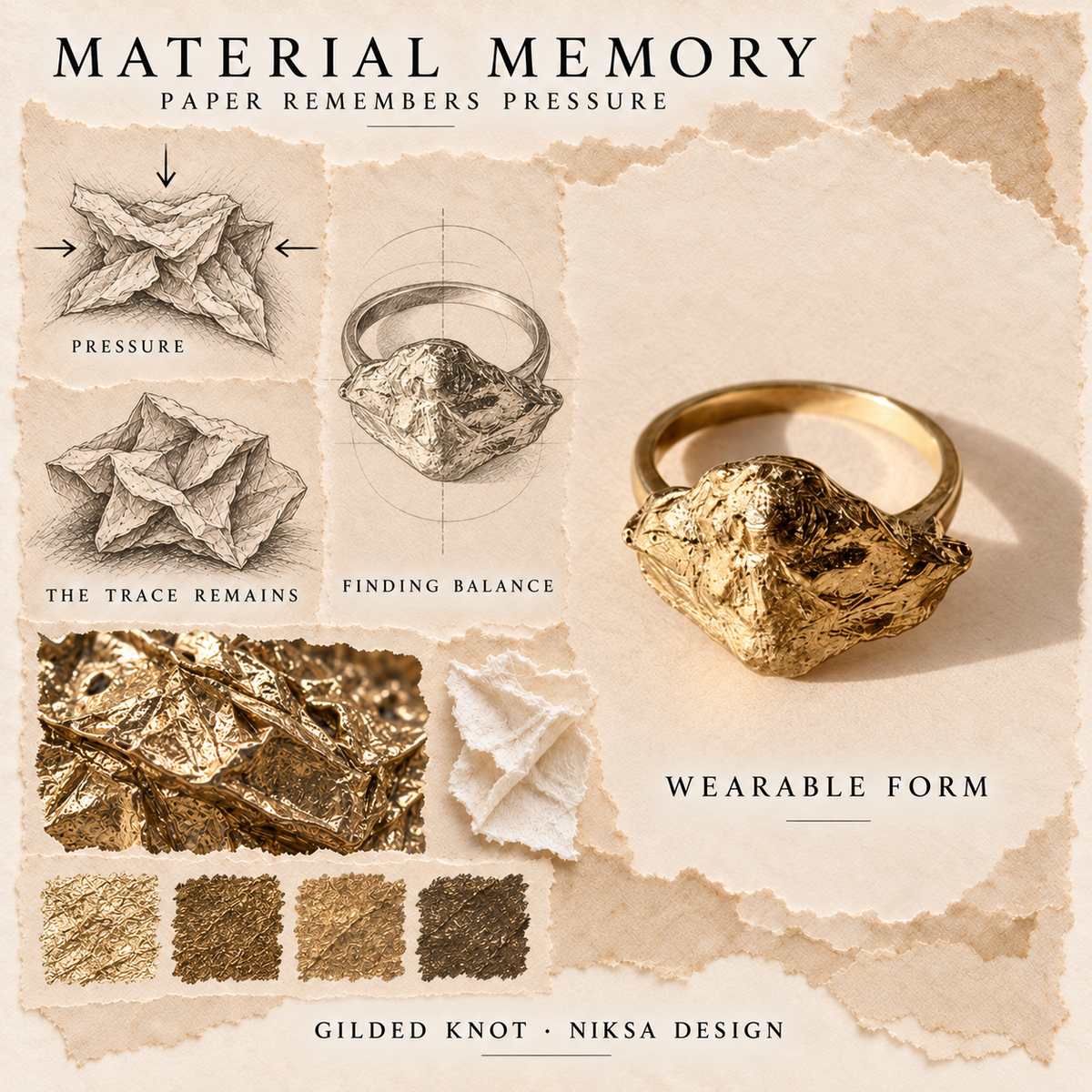 Gilded Knot concept moodboard with sculptural jewelry, texture details and graphite studies of pressure, visible traces and balance.