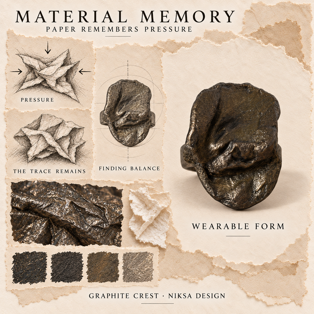 Graphite Crest concept moodboard with sculptural jewelry, texture details and graphite studies of pressure, visible traces and balance.