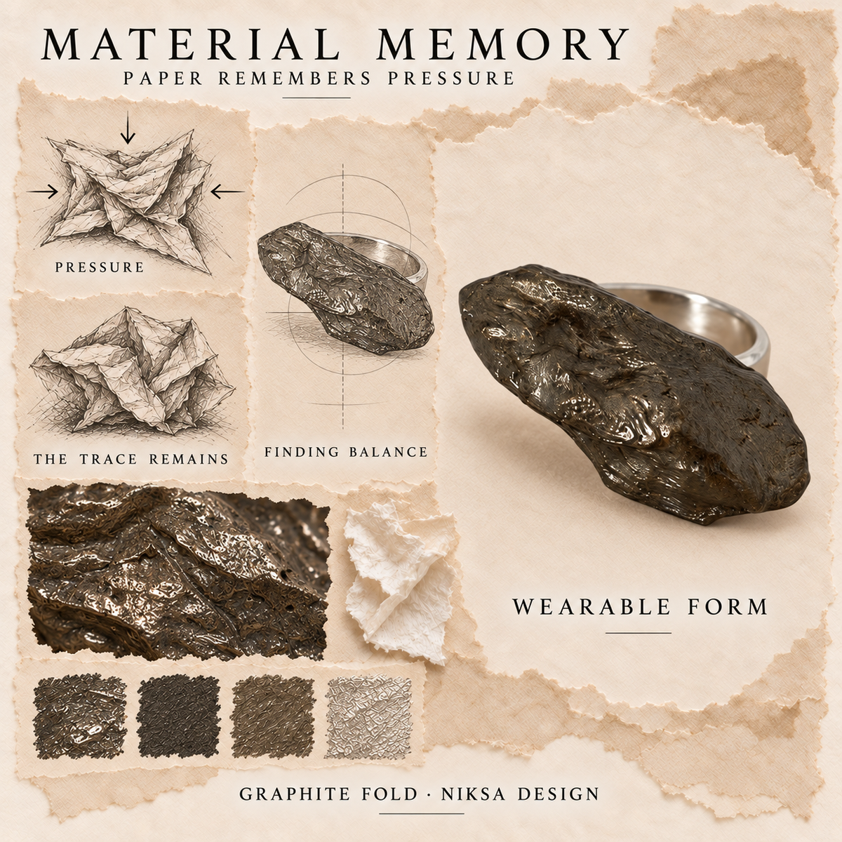 Graphite Fold concept moodboard with sculptural jewelry, texture details and graphite studies of pressure, visible traces and balance.