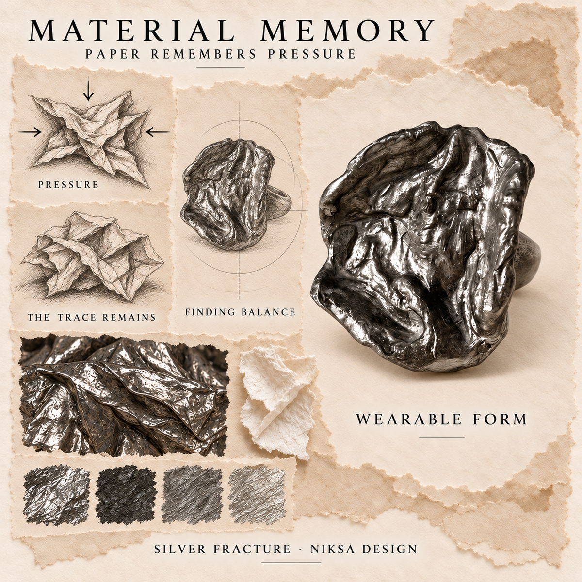 Silver Fracture concept moodboard with sculptural jewelry, texture details and graphite studies of pressure, visible traces and balance.