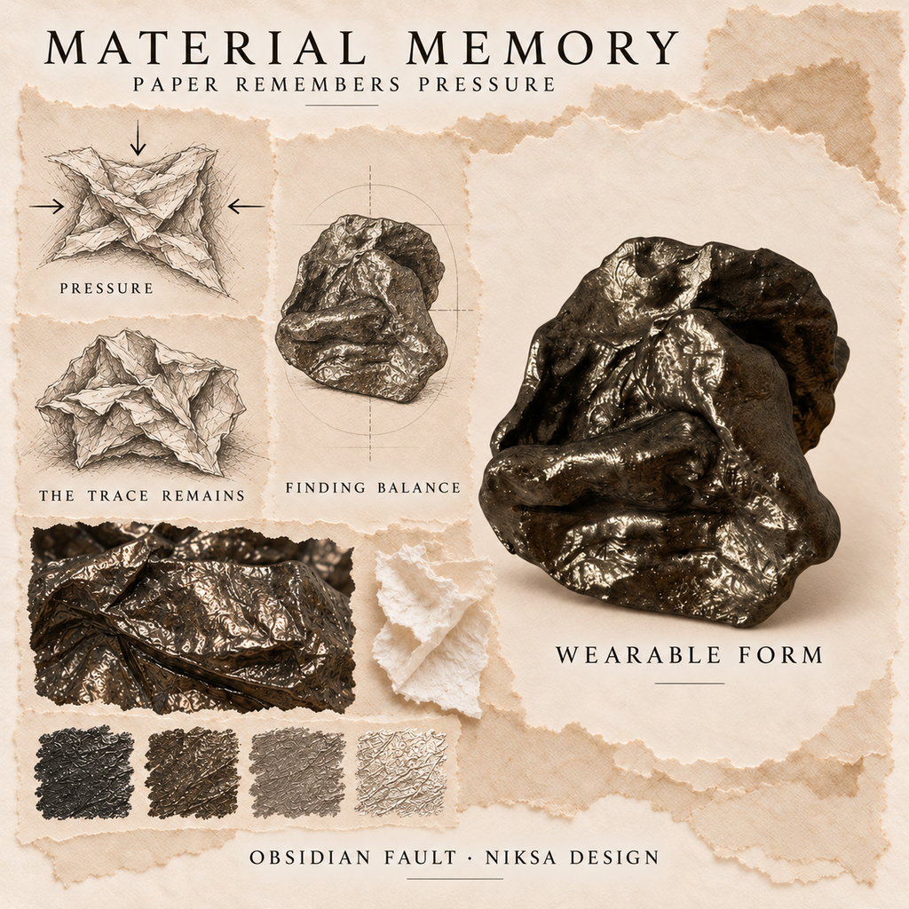 Obsidian Fault concept moodboard with sculptural jewelry, texture details and graphite studies of pressure, visible traces and balance.
