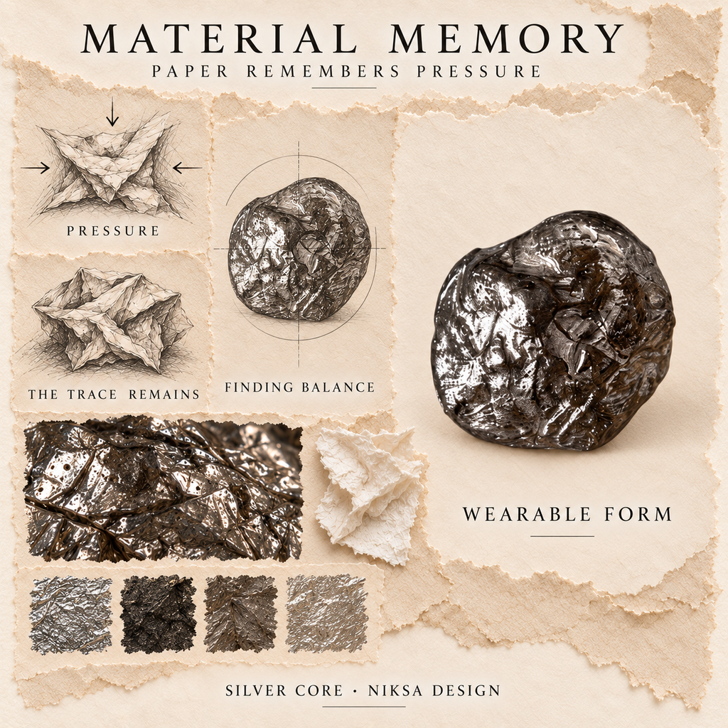 Silver Core concept moodboard with sculptural jewelry, texture details and graphite studies of pressure, visible traces and balance.