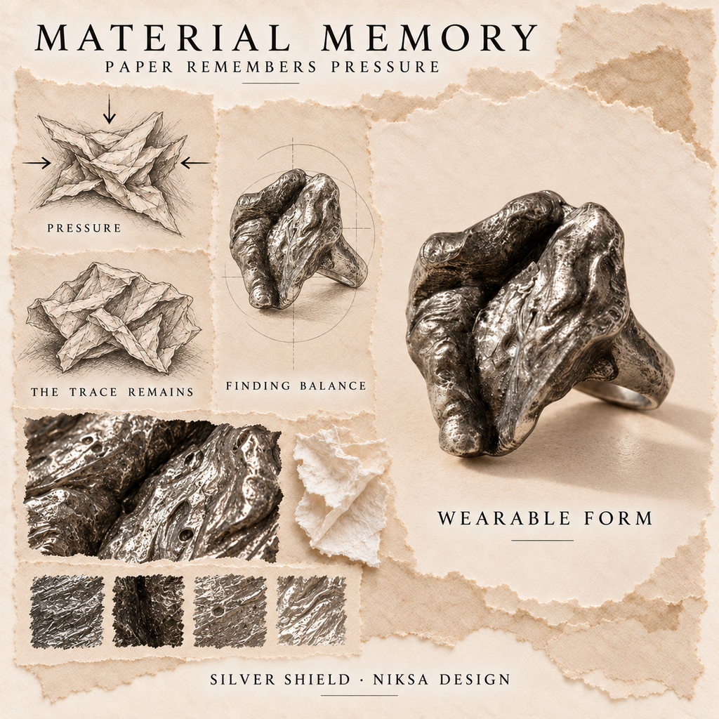 Silver Shield concept moodboard with sculptural jewelry, texture details and graphite studies of pressure, visible traces and balance.