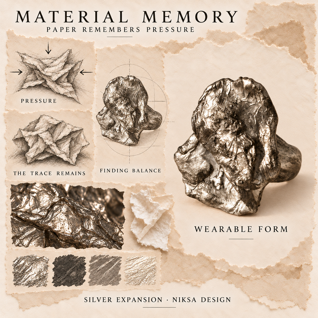 Silver Expansion concept moodboard with sculptural jewelry, texture details and graphite studies of pressure, visible traces and balance.