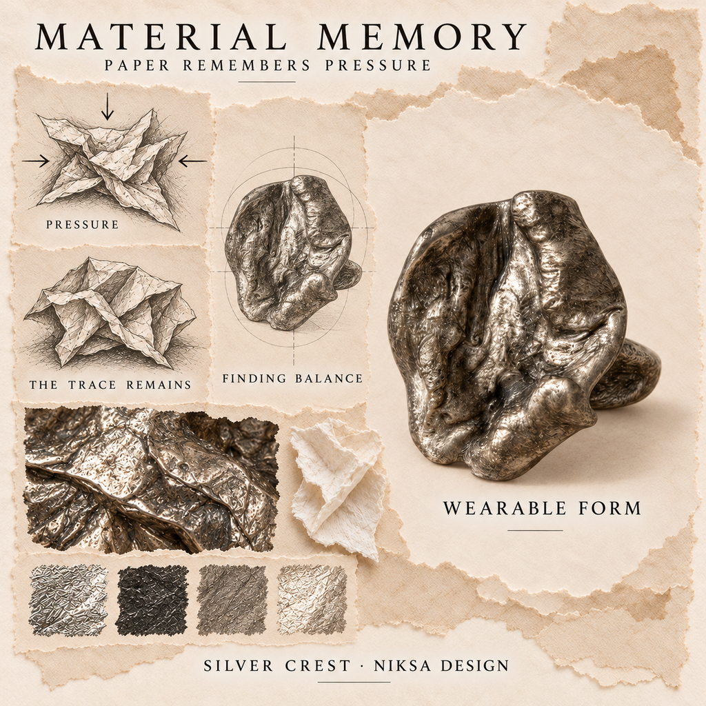 Silver Crest concept moodboard with sculptural jewelry, texture details and graphite studies of pressure, visible traces and balance.
