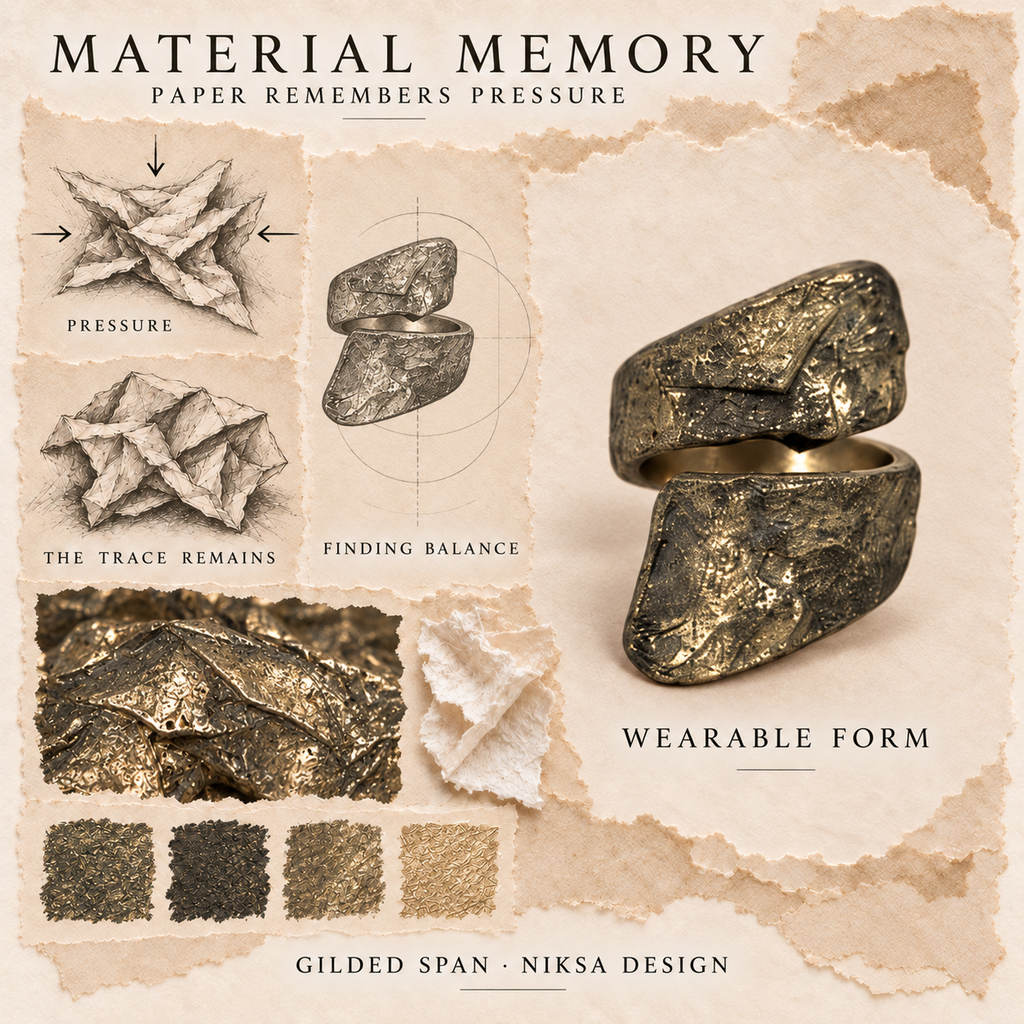 Gilded Span concept moodboard with sculptural jewelry, texture details and graphite studies of pressure, visible traces and balance.