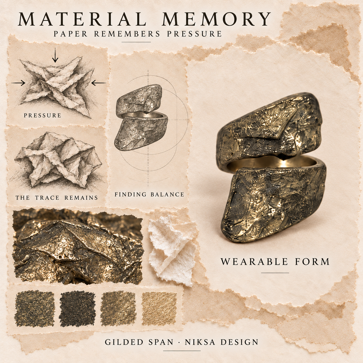 Gilded Span concept moodboard with sculptural jewelry, texture details and graphite studies of pressure, visible traces and balance.