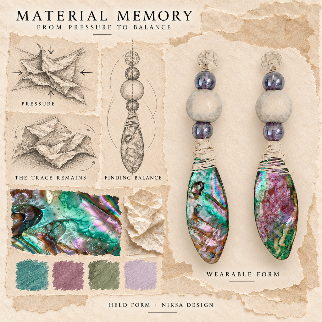 Held Form concept moodboard with sculptural earrings, texture details and graphite studies of pressure, visible traces and balance.