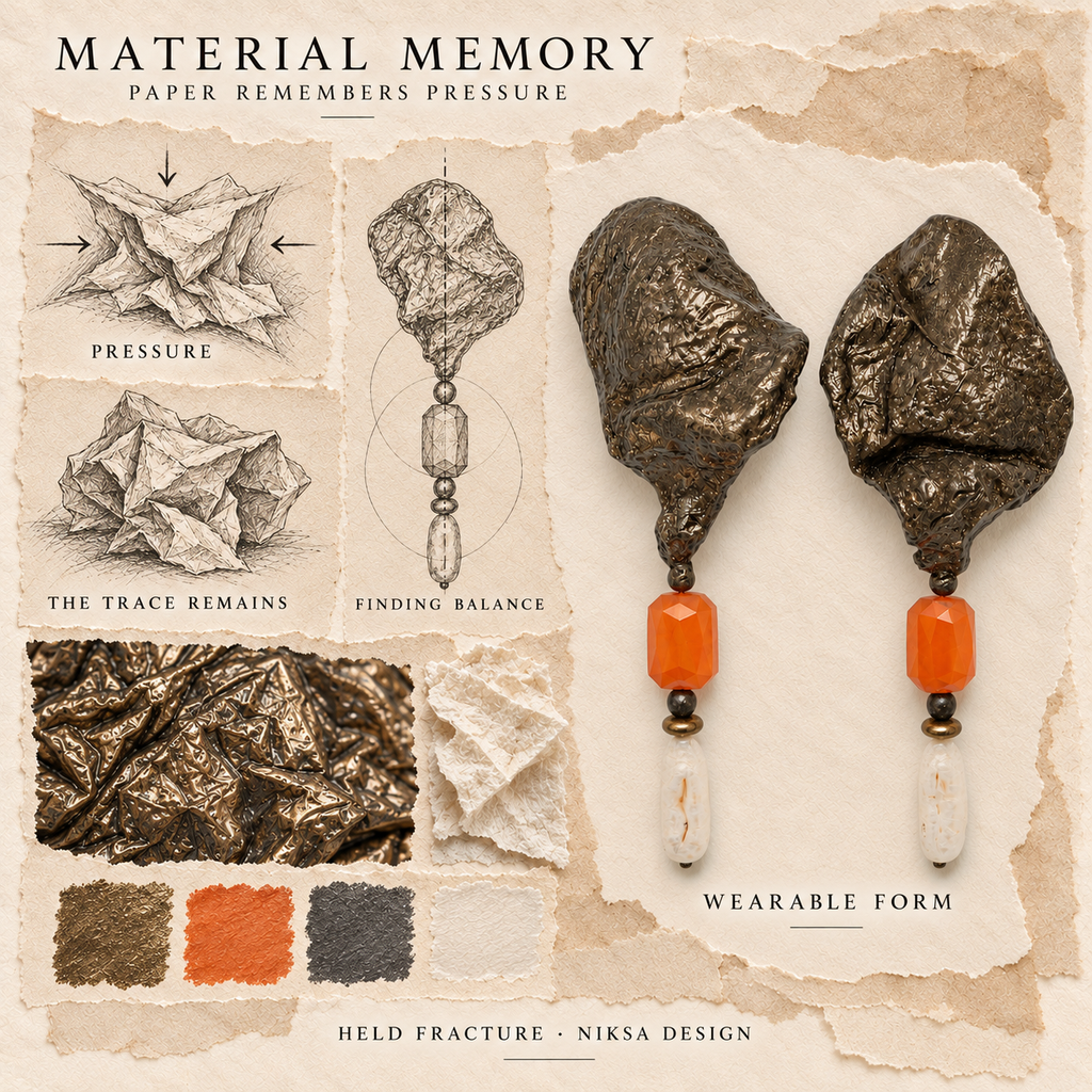 Held Fracture concept moodboard with sculptural earrings, texture details and graphite studies of pressure, visible traces and balance.
