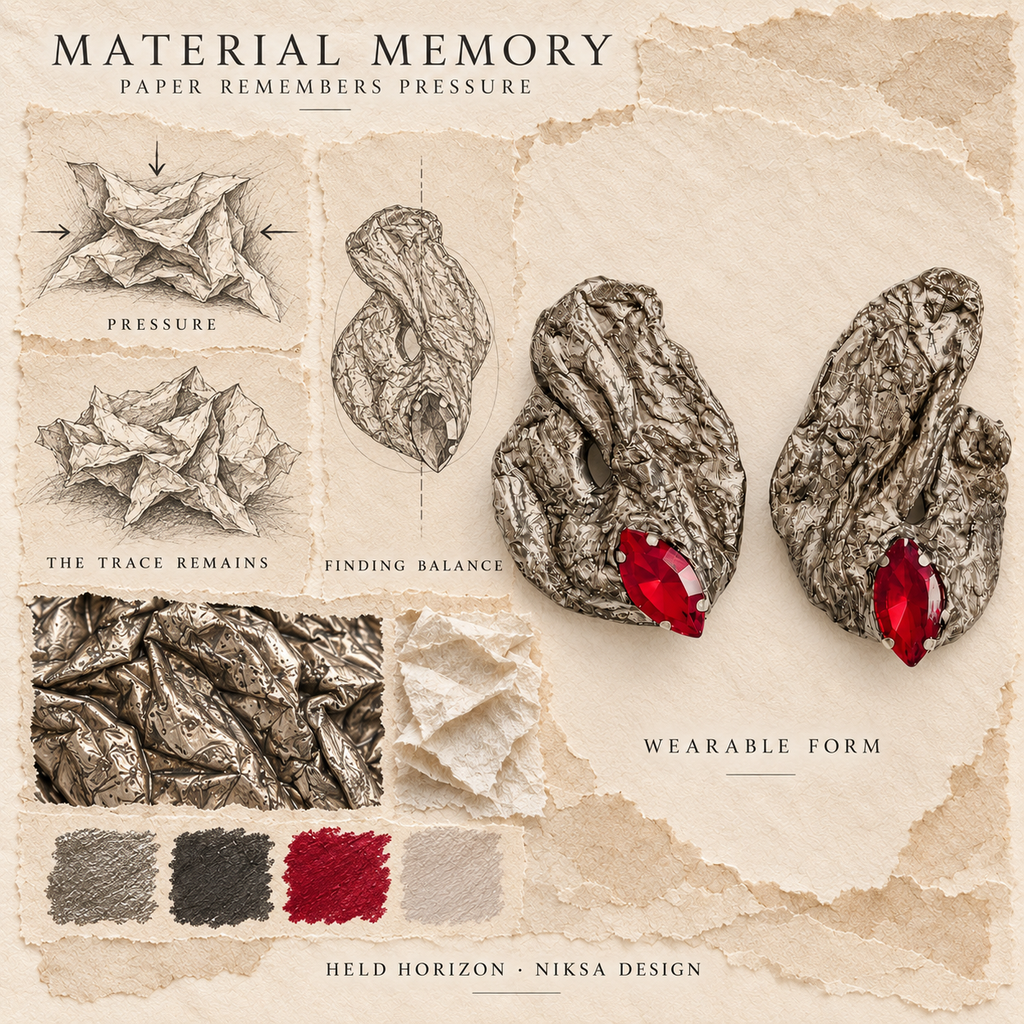 Held Horizon concept moodboard with sculptural earrings, texture details and graphite studies of pressure, visible traces and balance.