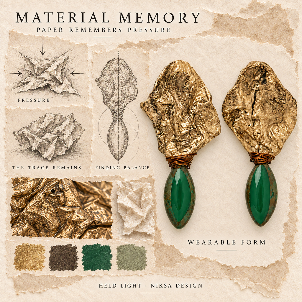 Held Light concept moodboard with sculptural earrings, texture details and graphite studies of pressure, visible traces and balance.