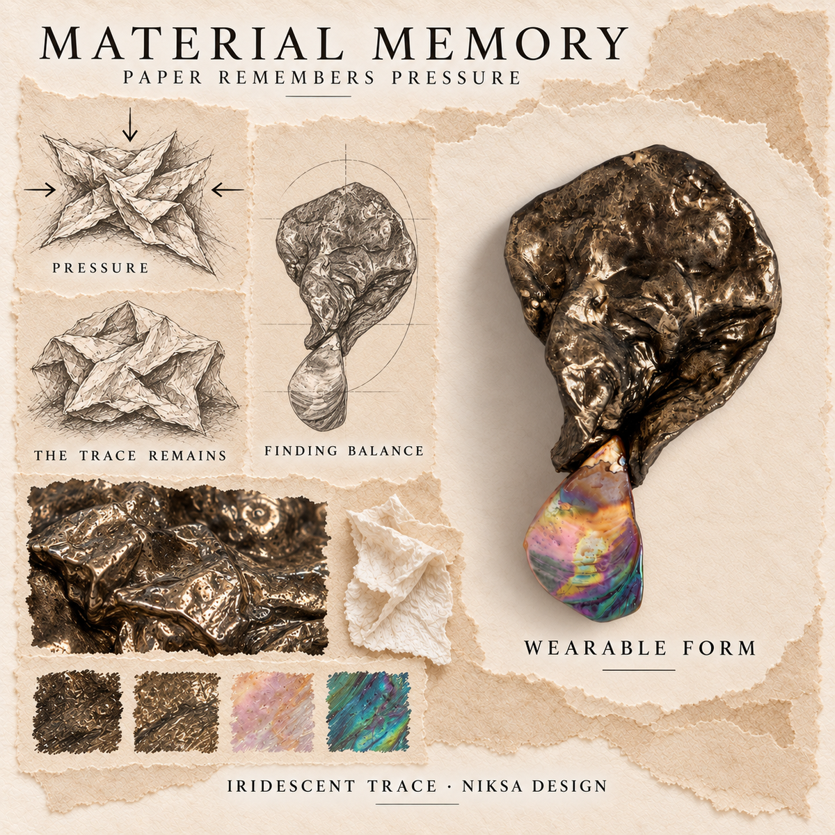 Iridescent Trace concept moodboard with sculptural jewelry, texture details and graphite studies of pressure, visible traces and balance.
