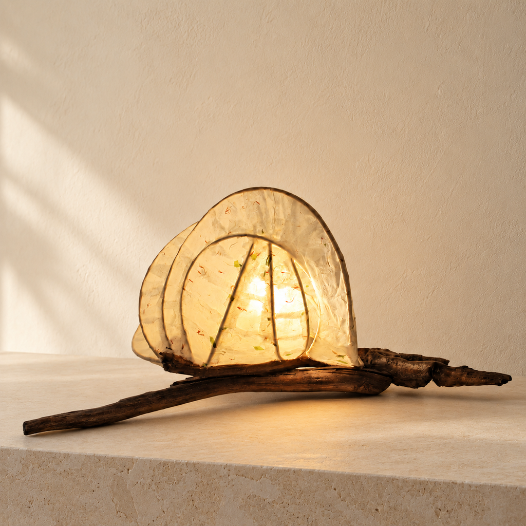 Leafrest sculptural lamp, alternate side view in a bright minimal interior