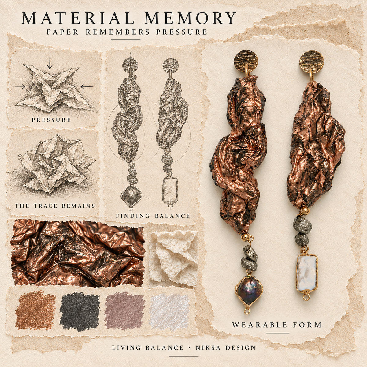 Living Balance concept moodboard with sculptural earrings, texture details and graphite studies of pressure, visible traces and balance.