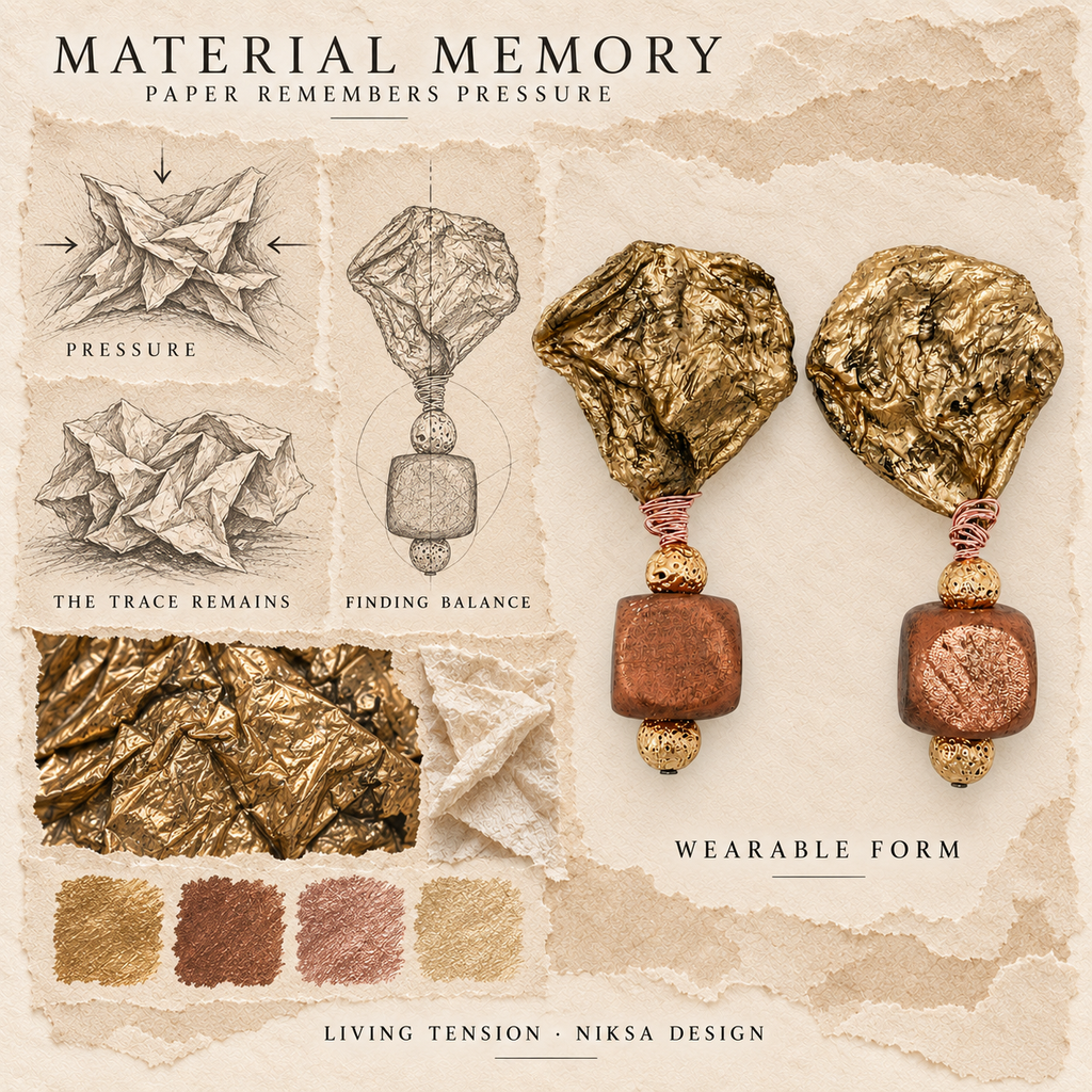 Living Tension concept moodboard with sculptural earrings, texture details and graphite studies of pressure, visible traces and balance.