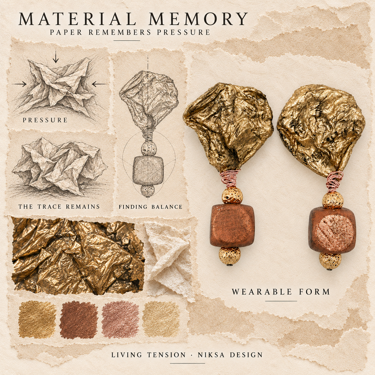 Living Tension concept moodboard with sculptural earrings, texture details and graphite studies of pressure, visible traces and balance.