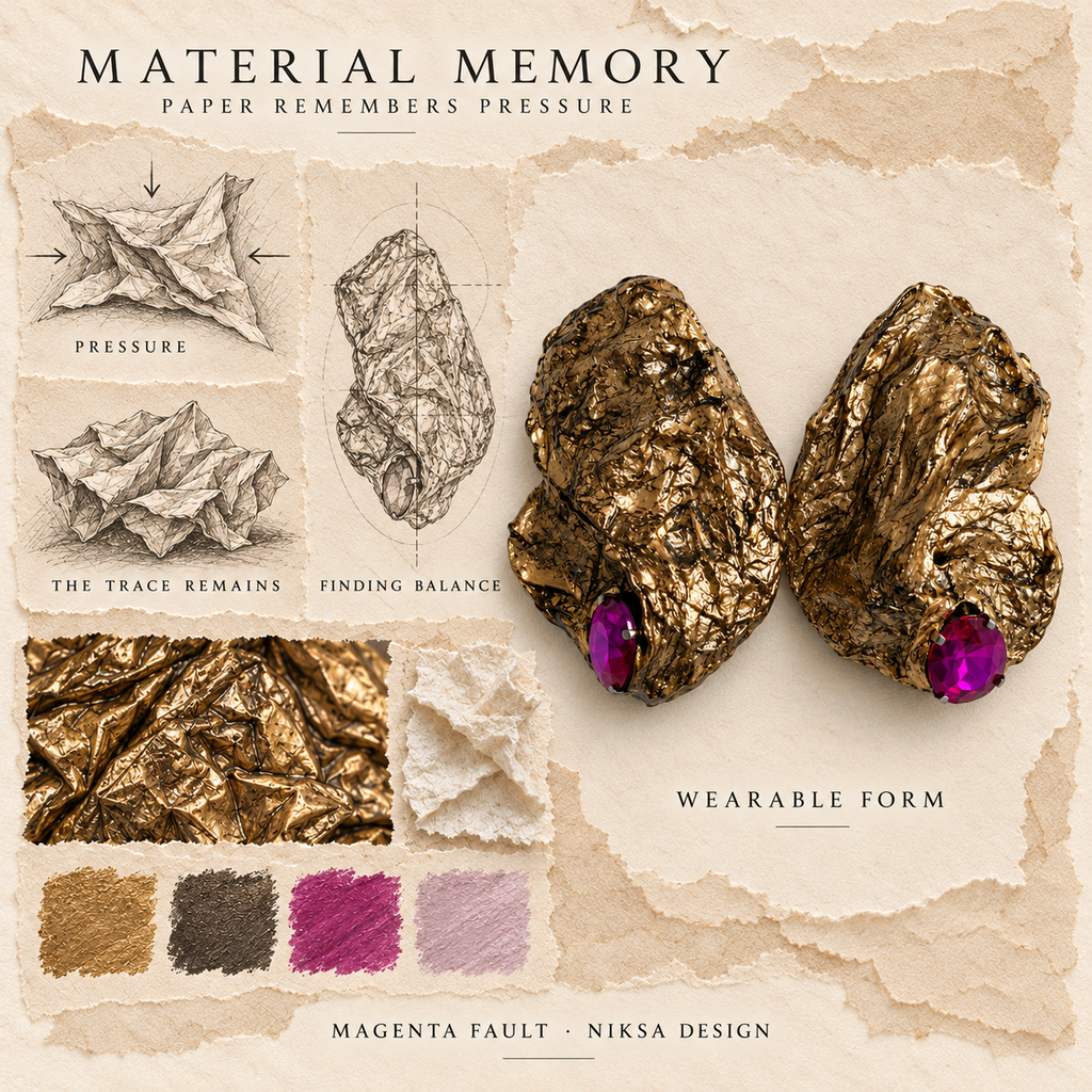 Magenta Fault concept moodboard with sculptural earrings, texture details and graphite studies of pressure, visible traces and balance.