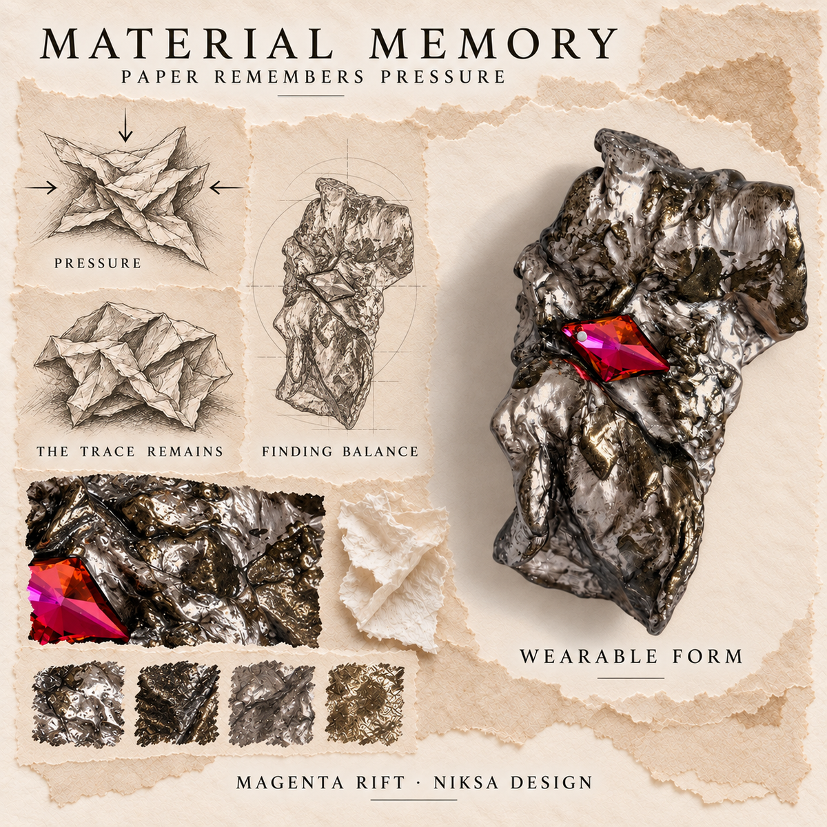 Magenta Rift concept moodboard with sculptural jewelry, texture details and graphite studies of pressure, visible traces and balance.