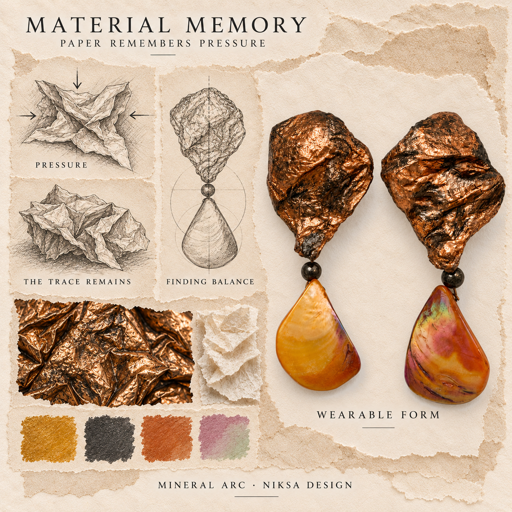 Mineral Arc concept moodboard with sculptural earrings, texture details and graphite studies of pressure, visible traces and balance.