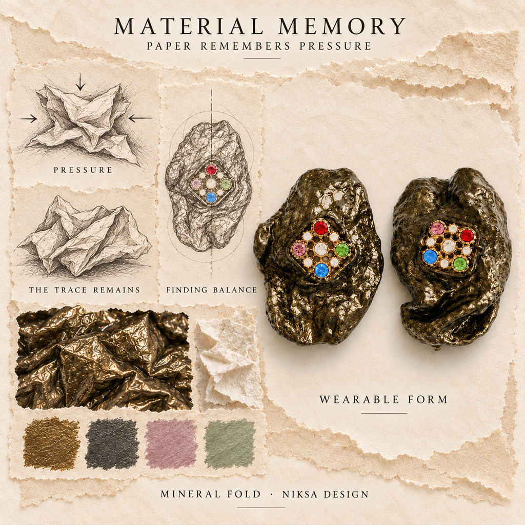 Mineral Fold concept moodboard with sculptural earrings, texture details and graphite studies of pressure, visible traces and balance.