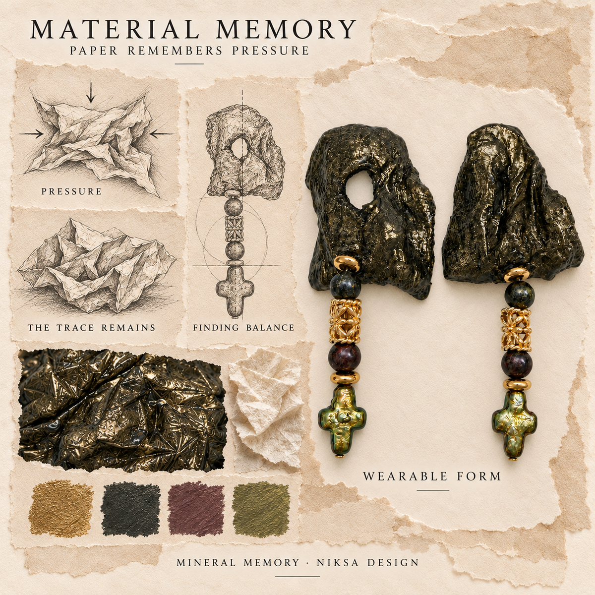 Mineral Memory concept moodboard with sculptural earrings, texture details and graphite studies of pressure, visible traces and balance.