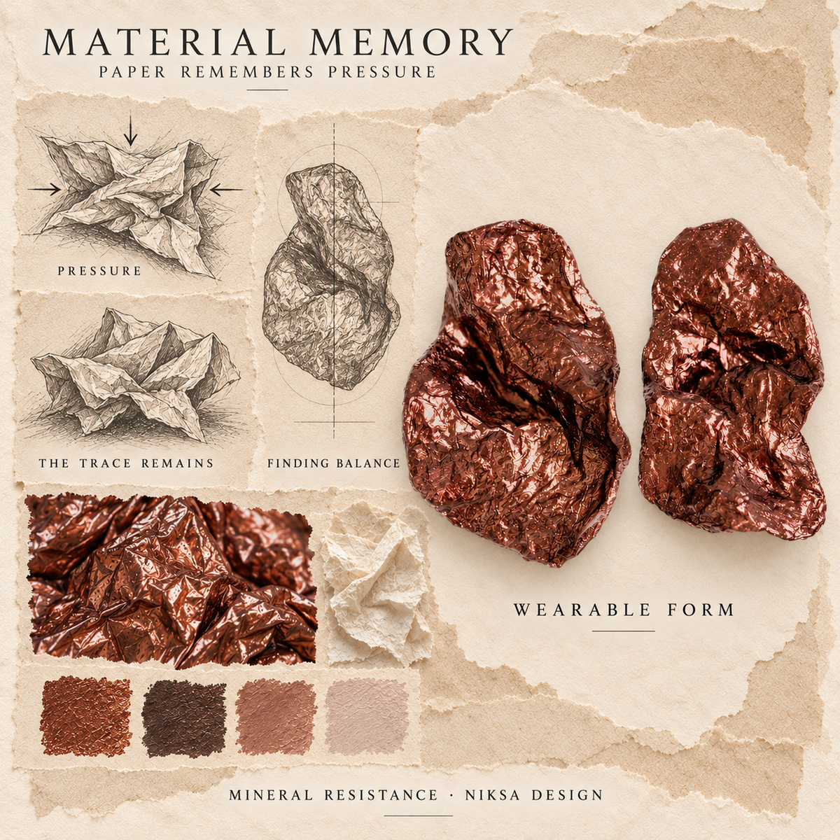 Mineral Resistance concept moodboard with sculptural earrings, texture details and graphite studies of pressure, visible traces and balance.