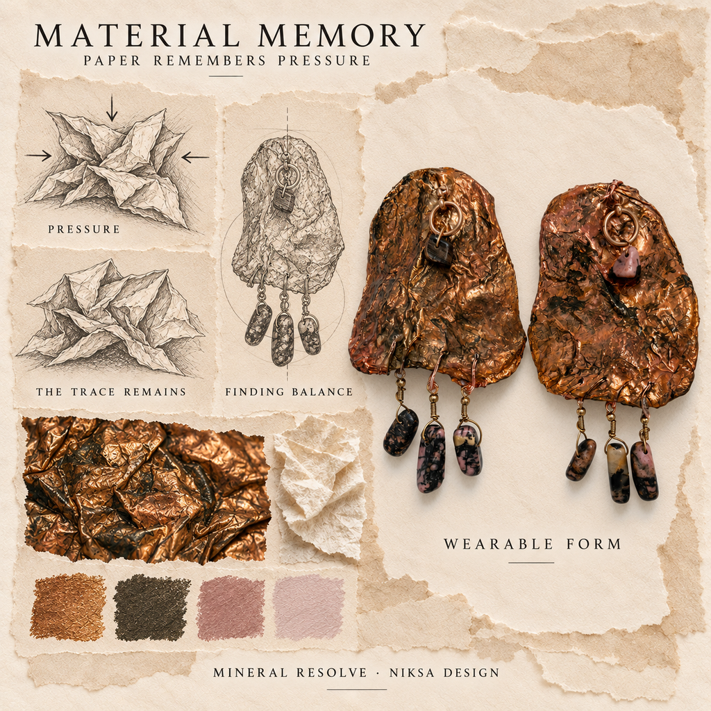 Mineral Resolve concept moodboard with sculptural earrings, texture details and graphite studies of pressure, visible traces and balance.