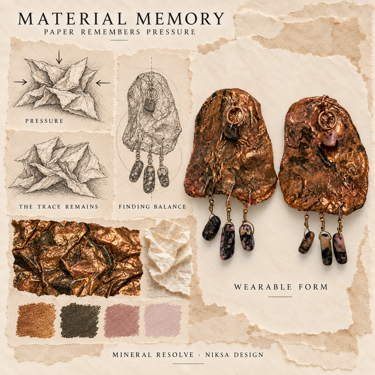 Mineral Resolve concept moodboard with sculptural earrings, texture details and graphite studies of pressure, visible traces and balance.
