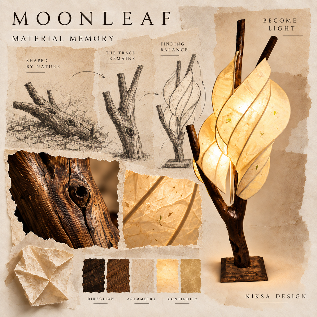 Moonleaf material and transformation moodboard