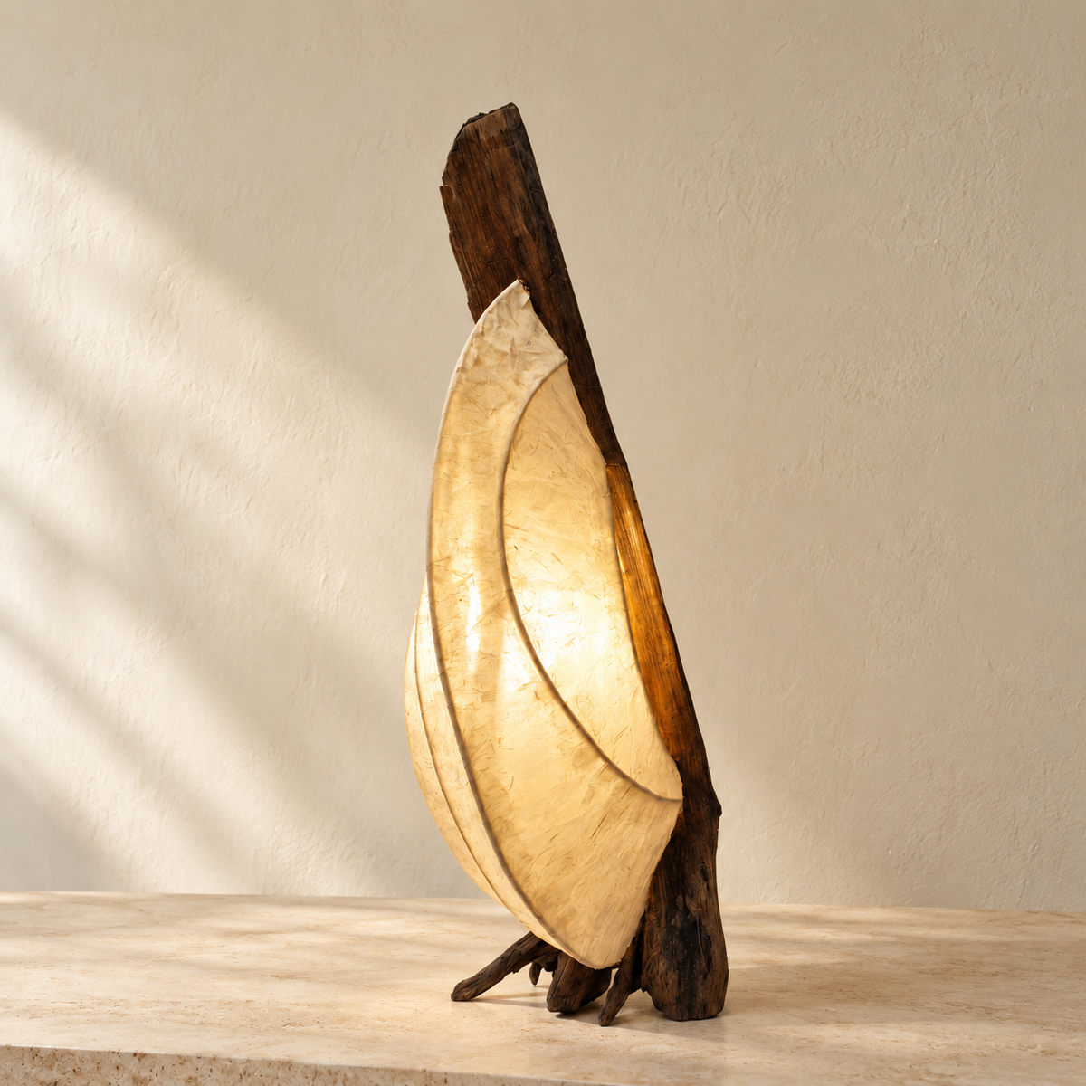 Moonveil sculptural lamp, alternate side view in a bright minimal interior