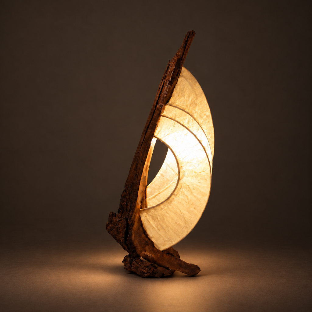 Moonveil sculptural lamp illuminated against warm charcoal