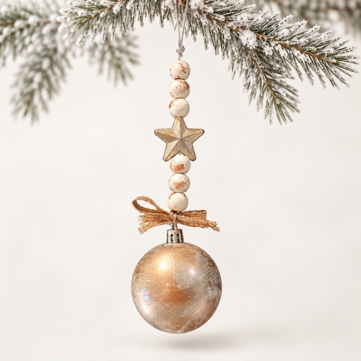 Champagne and ivory ball with marbled beads, a gold-toned star and a gold-toned ribbon.