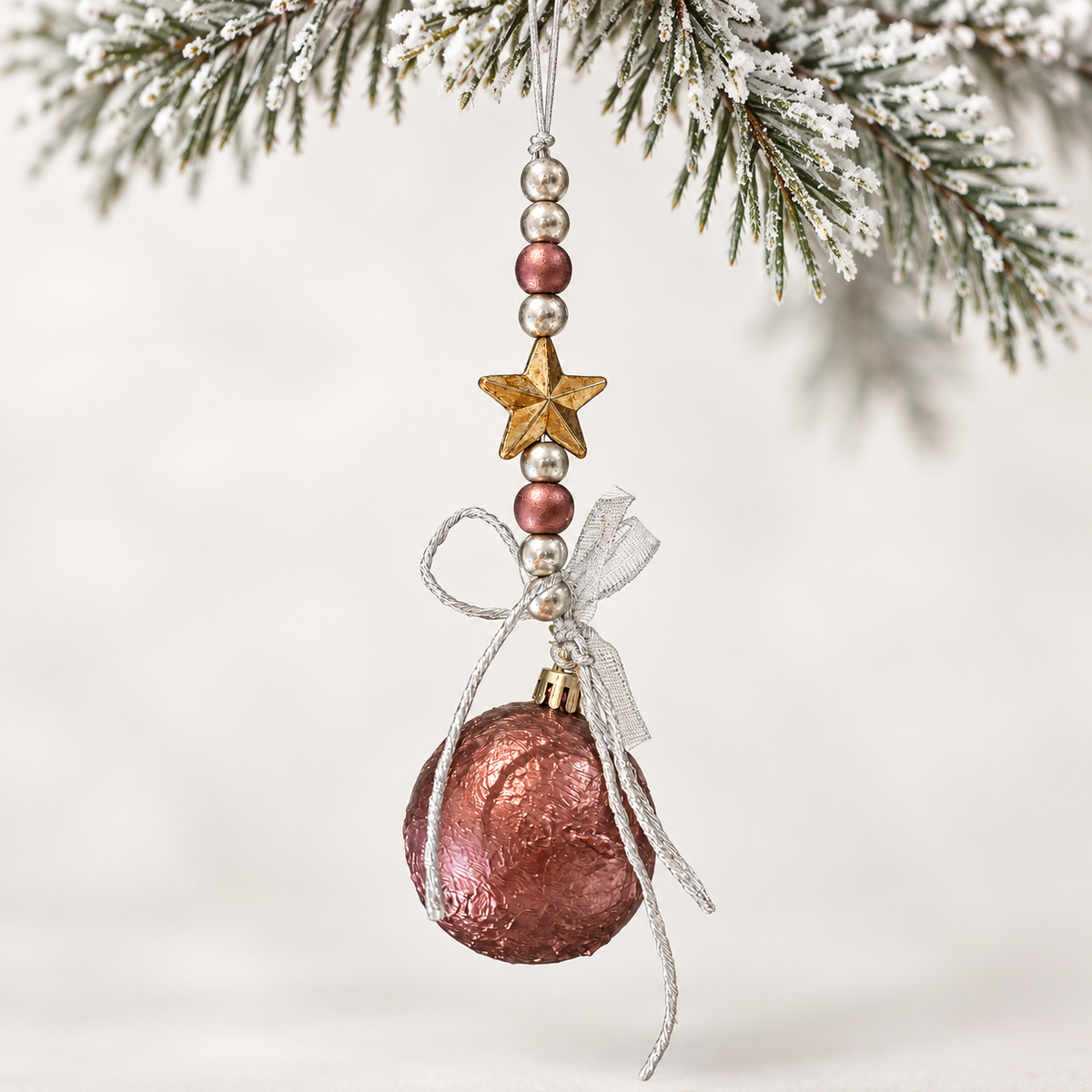 Rose copper-toned ball with a gold-toned star, metallic beads and silver ribbon and cord.