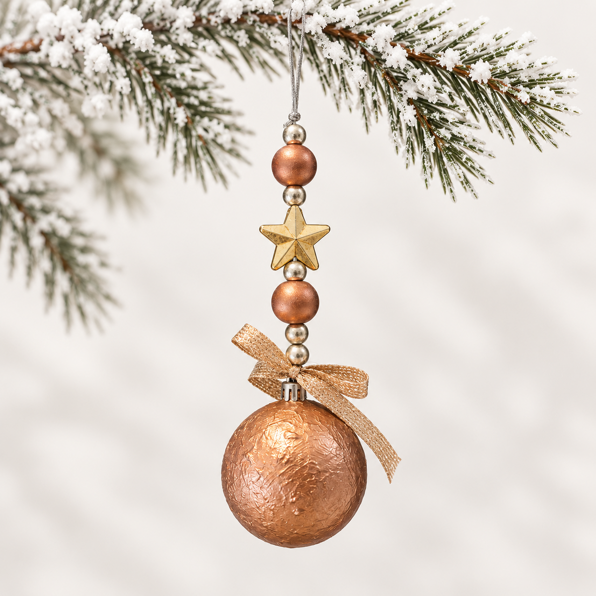 Copper-toned ball with a gold-toned star, metallic beads and a gold-toned ribbon.