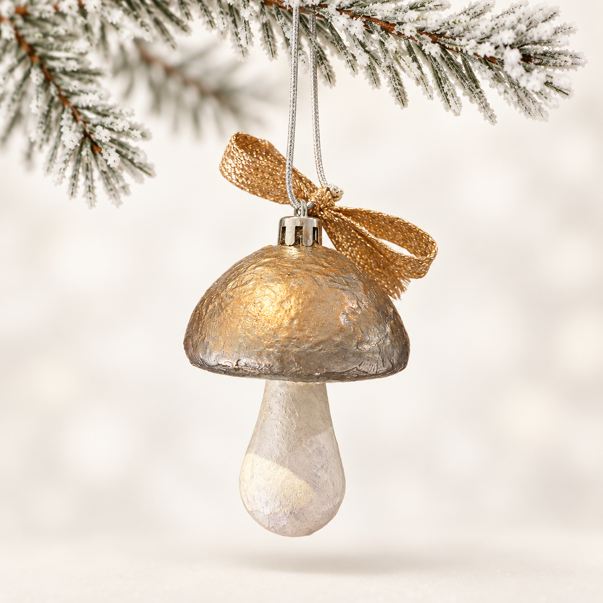 Mushroom form with a silver and gold-toned cap, an ivory stem and a gold-toned ribbon.