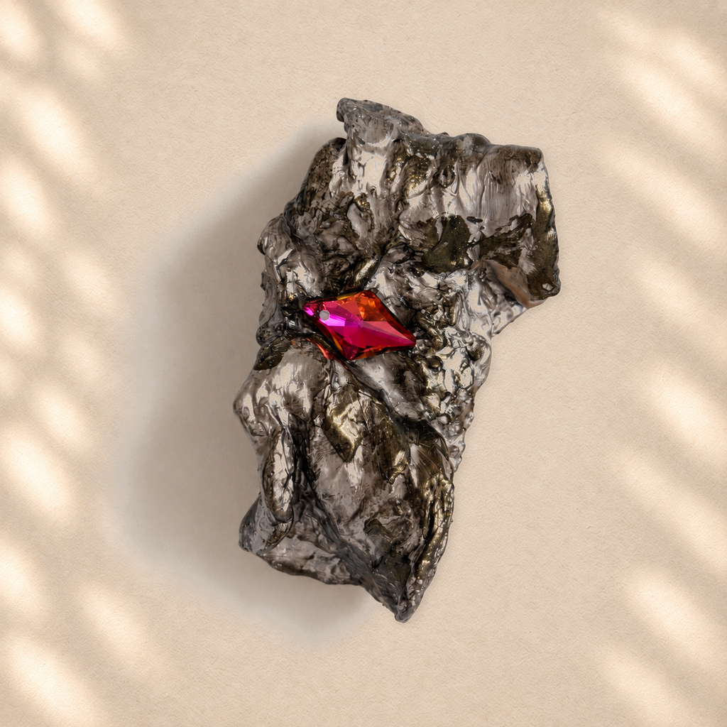 Magenta Rift brooch on warm cream background