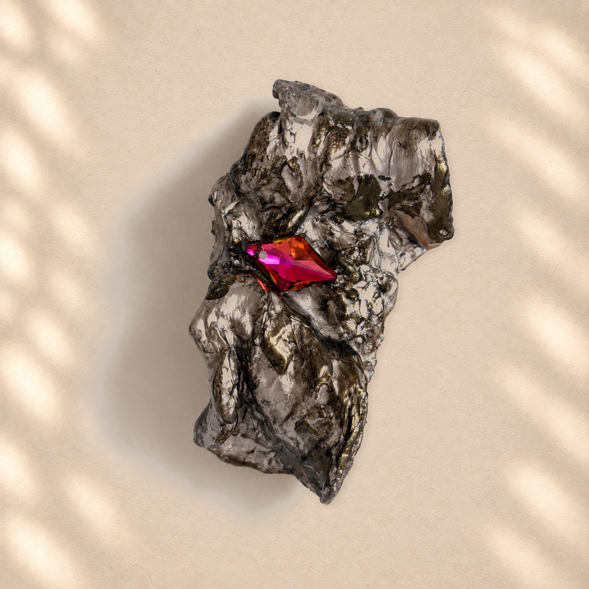 Magenta Rift brooch on warm cream background