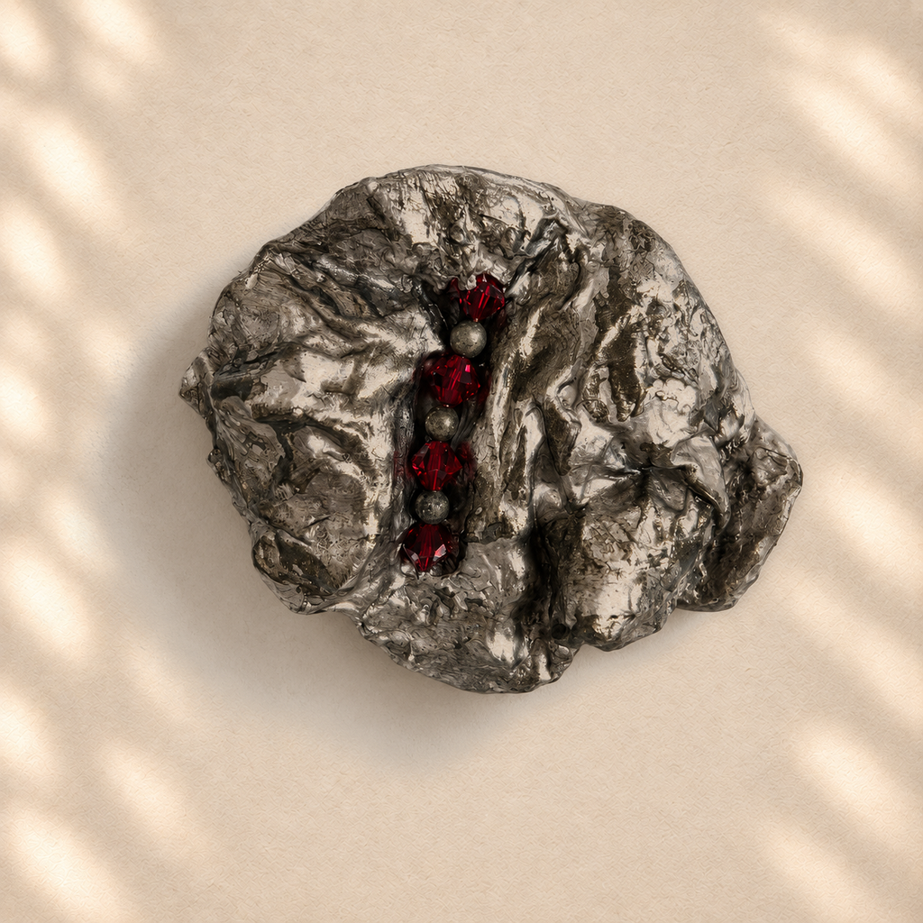 Crimson Seam brooch on warm cream background