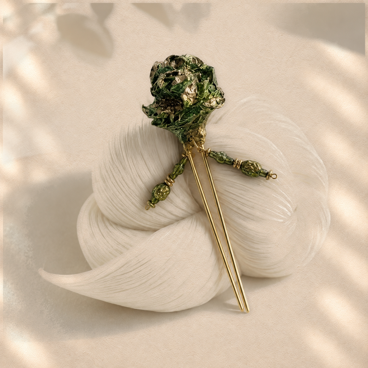 Verdant Knot — Sculptural Paper Hairpin on warm cream background