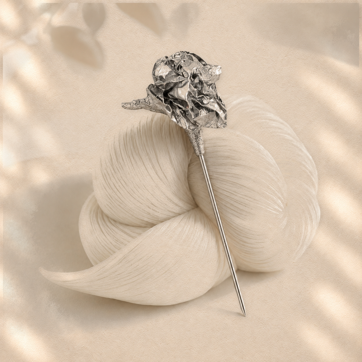 Crushed Bloom — Sculptural Paper Hairpin on warm cream background