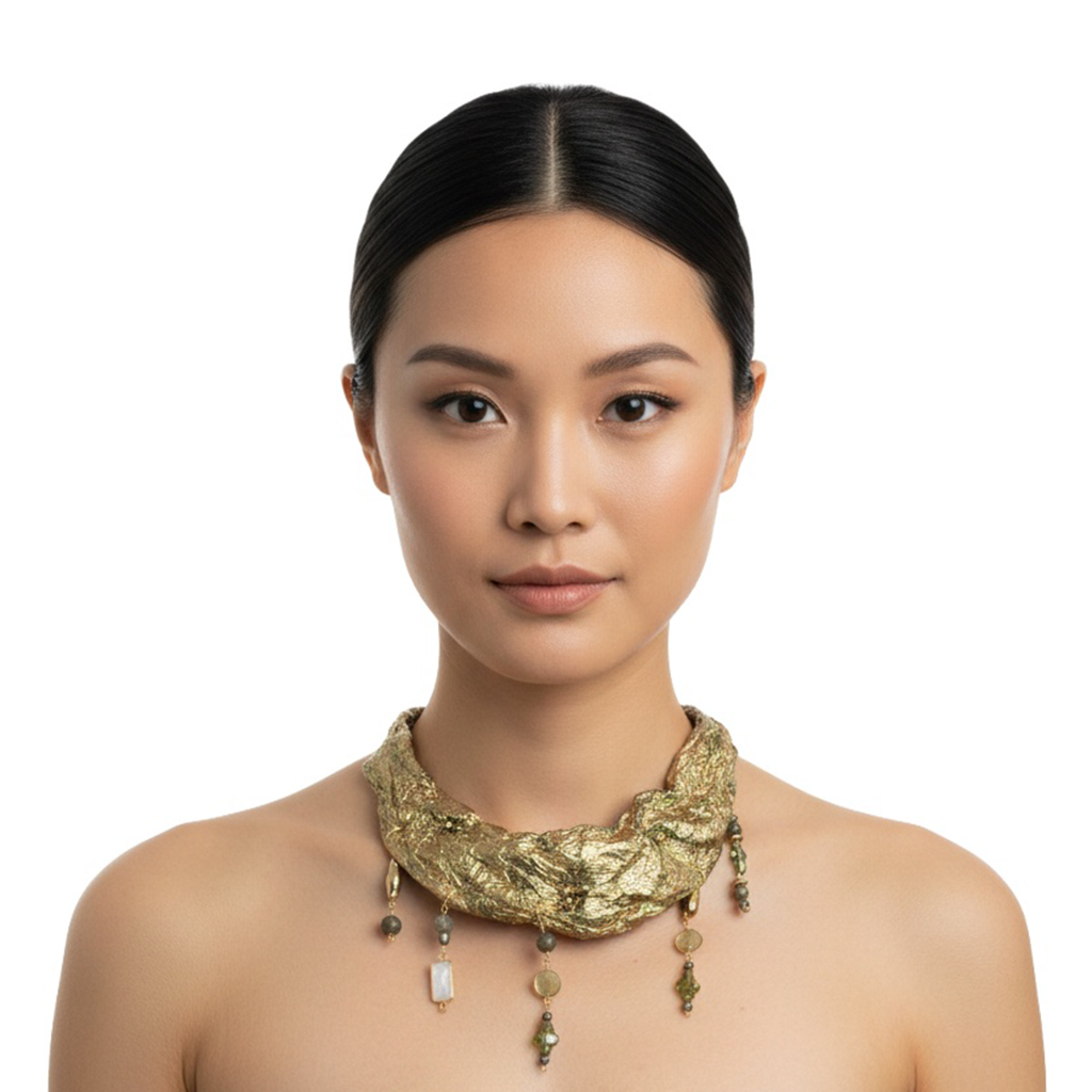 Gilded Suspension — Sculptural Paper Collar Necklace — studio view