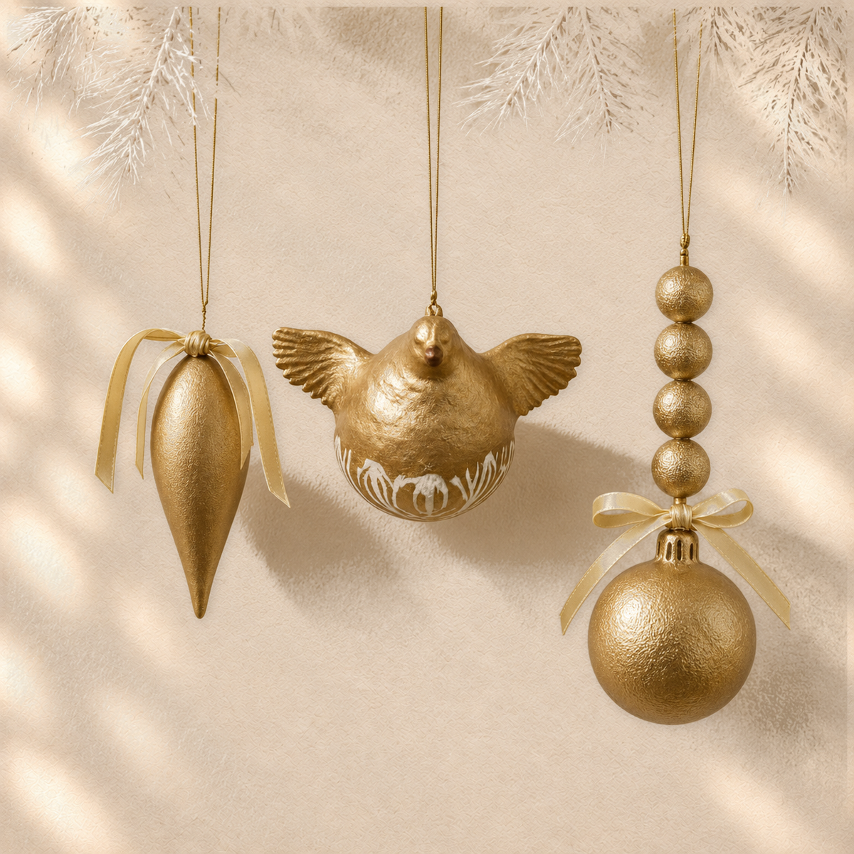 Gilded Flight Trio — Set of 3 Sculptural Ornaments on warm cream background