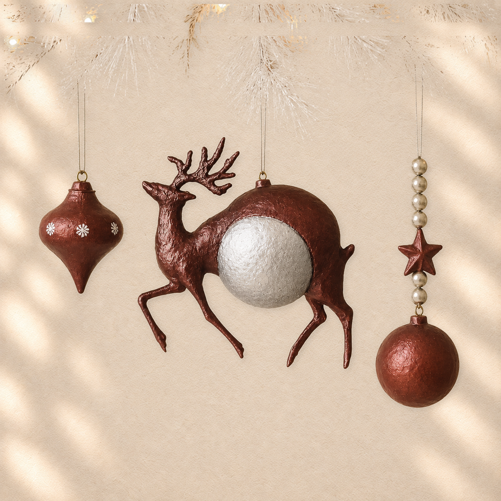Copper Deer Trio — Set of 3 Sculptural Ornaments on warm cream background
