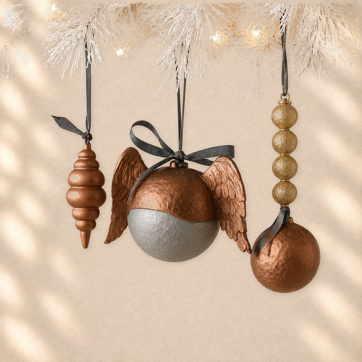 Copper Acorn Trio — Set of 3 Sculptural Ornaments on warm cream background