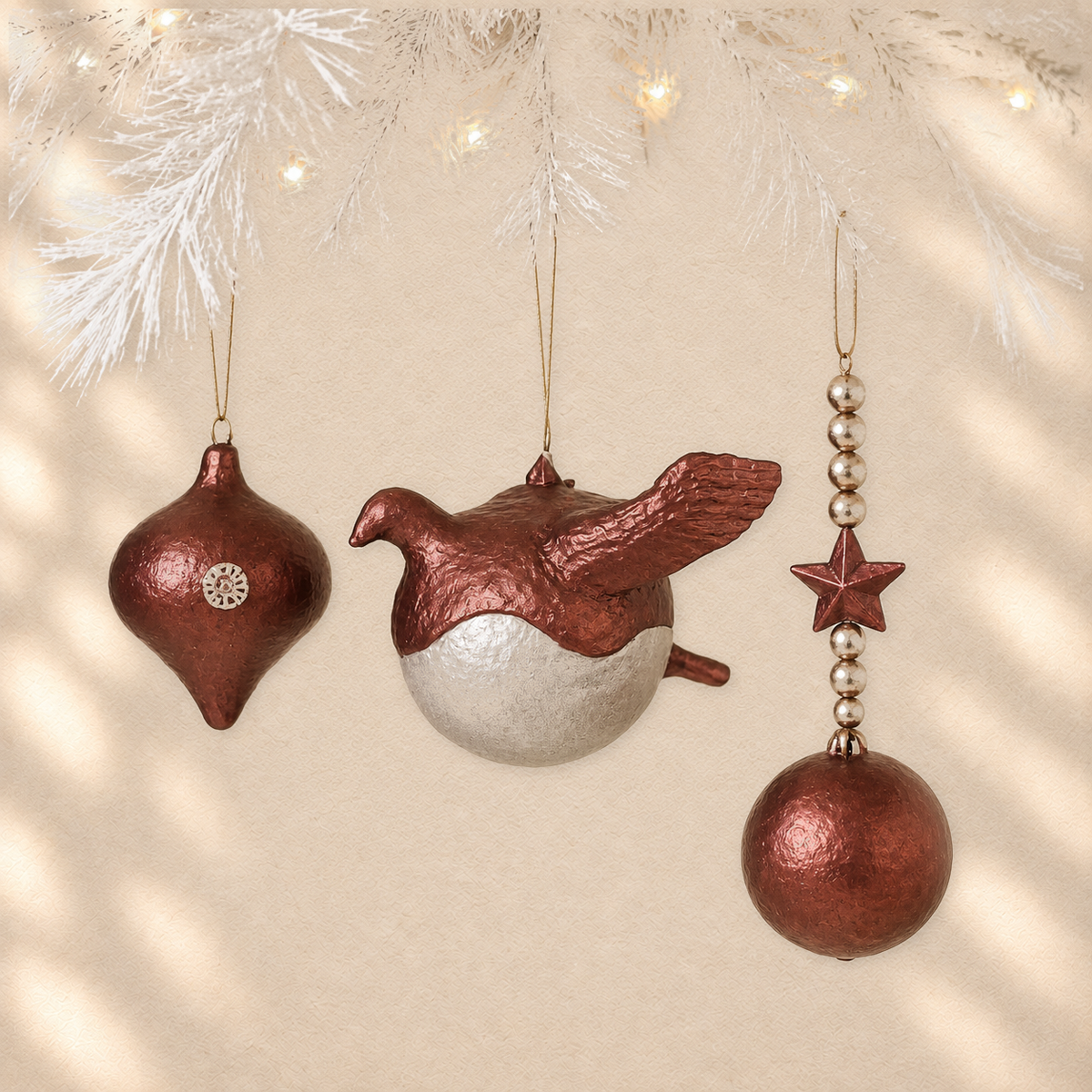 Copper Flight Trio — Set of 3 Sculptural Ornaments on warm cream background