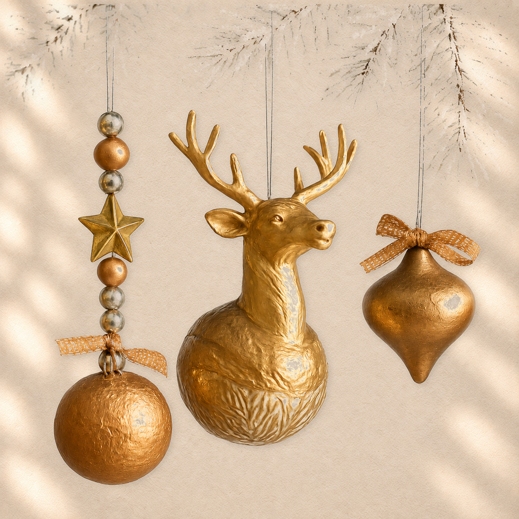 Gilded Woodland Trio — Set of 3 Sculptural Ornaments on warm cream background