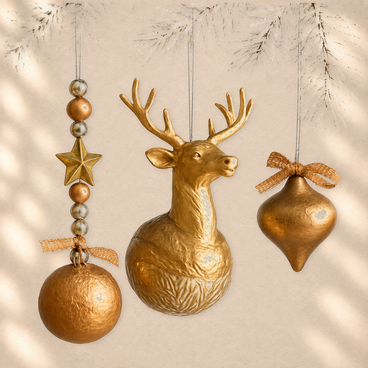 Gilded Woodland Trio — Set of 3 Sculptural Ornaments on warm cream background
