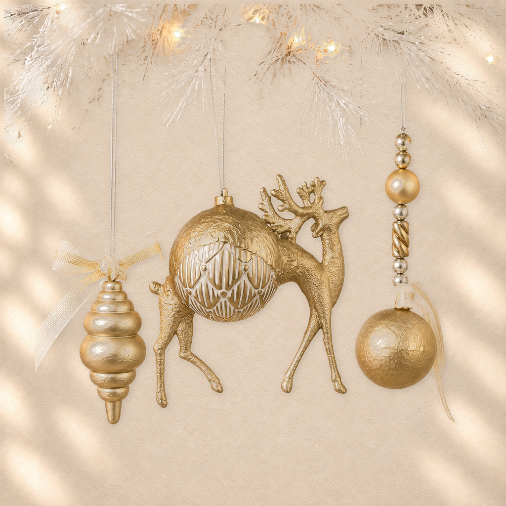 Gilded Deer Trio — Set of 3 Sculptural Ornaments on warm cream background