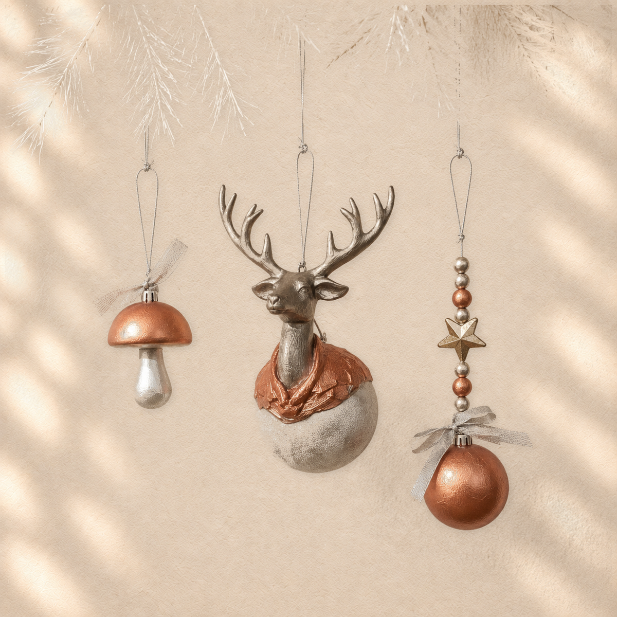 Copper Meadow Trio — Set of 3 Sculptural Ornaments on warm cream background
