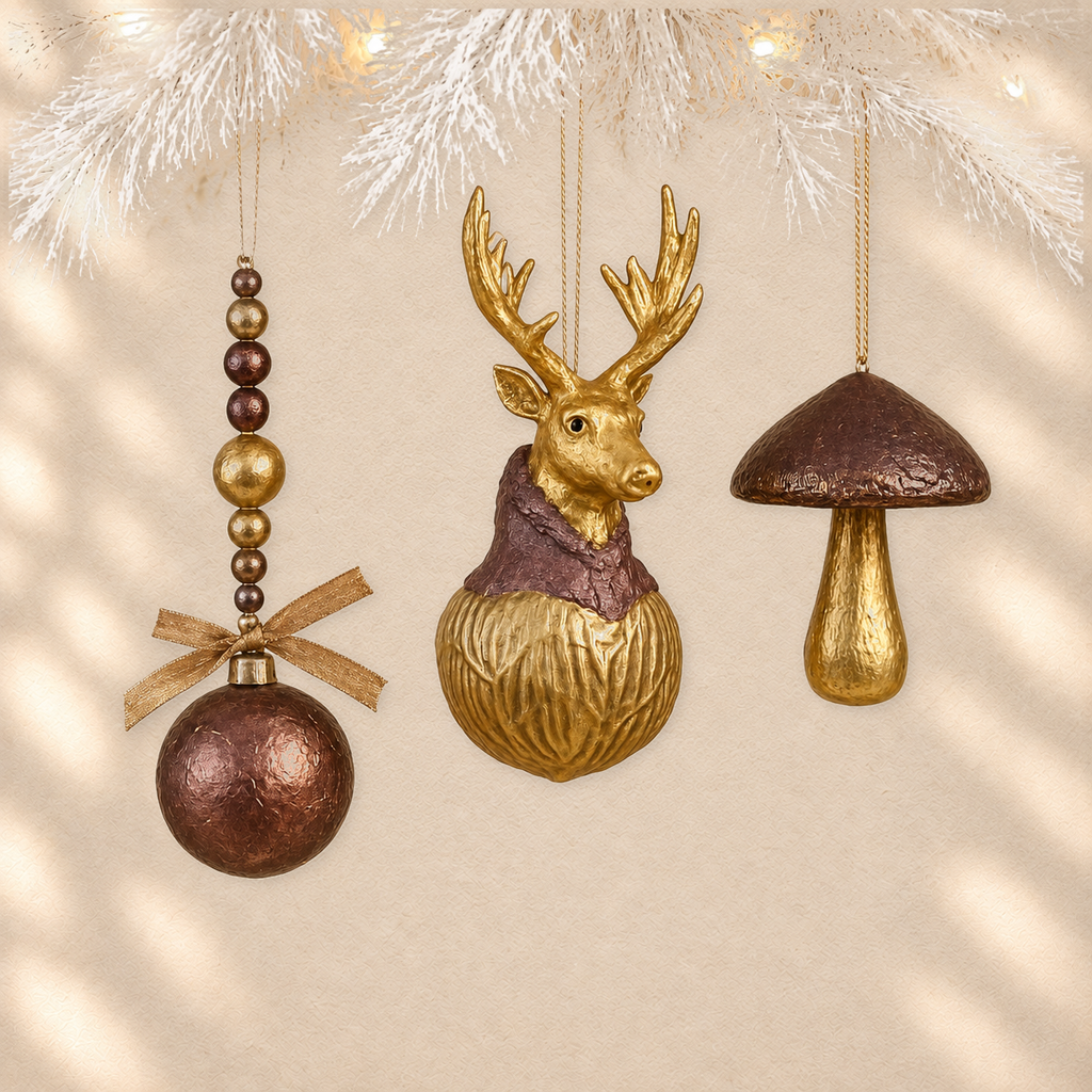 Bronze Woodland Trio — Set of 3 Sculptural Ornaments on warm cream background